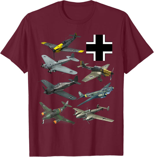 WW2 German Fighter Planes JU-87 Stuka Bf 109 ME 262 Fw190 T-Shirt - T-Shirt | Maroon