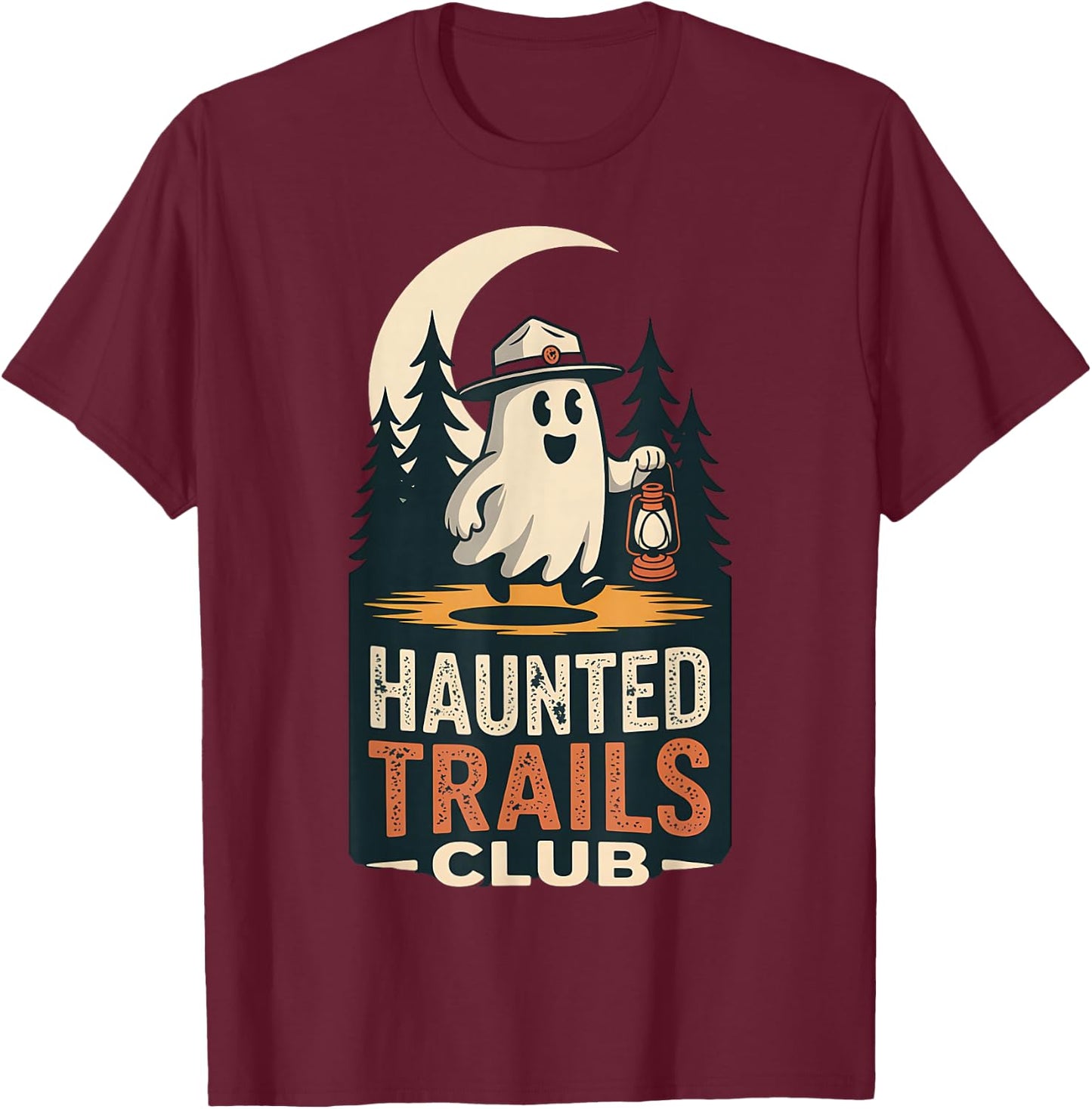 Haunted Trails Club Ghost Cool Hiking Funny Spooky Camping T-Shirt - T-Shirt | Maroon