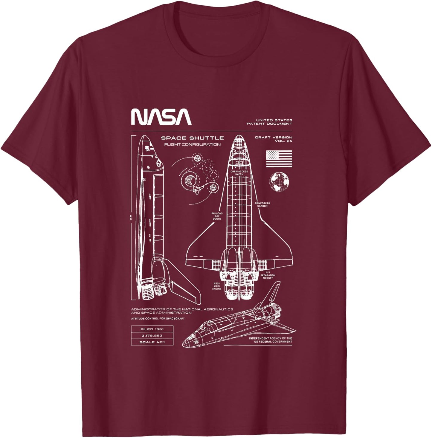 NASA Space Shuttle Technical Blueprint Kids T-Shirt - T-Shirt | Maroon