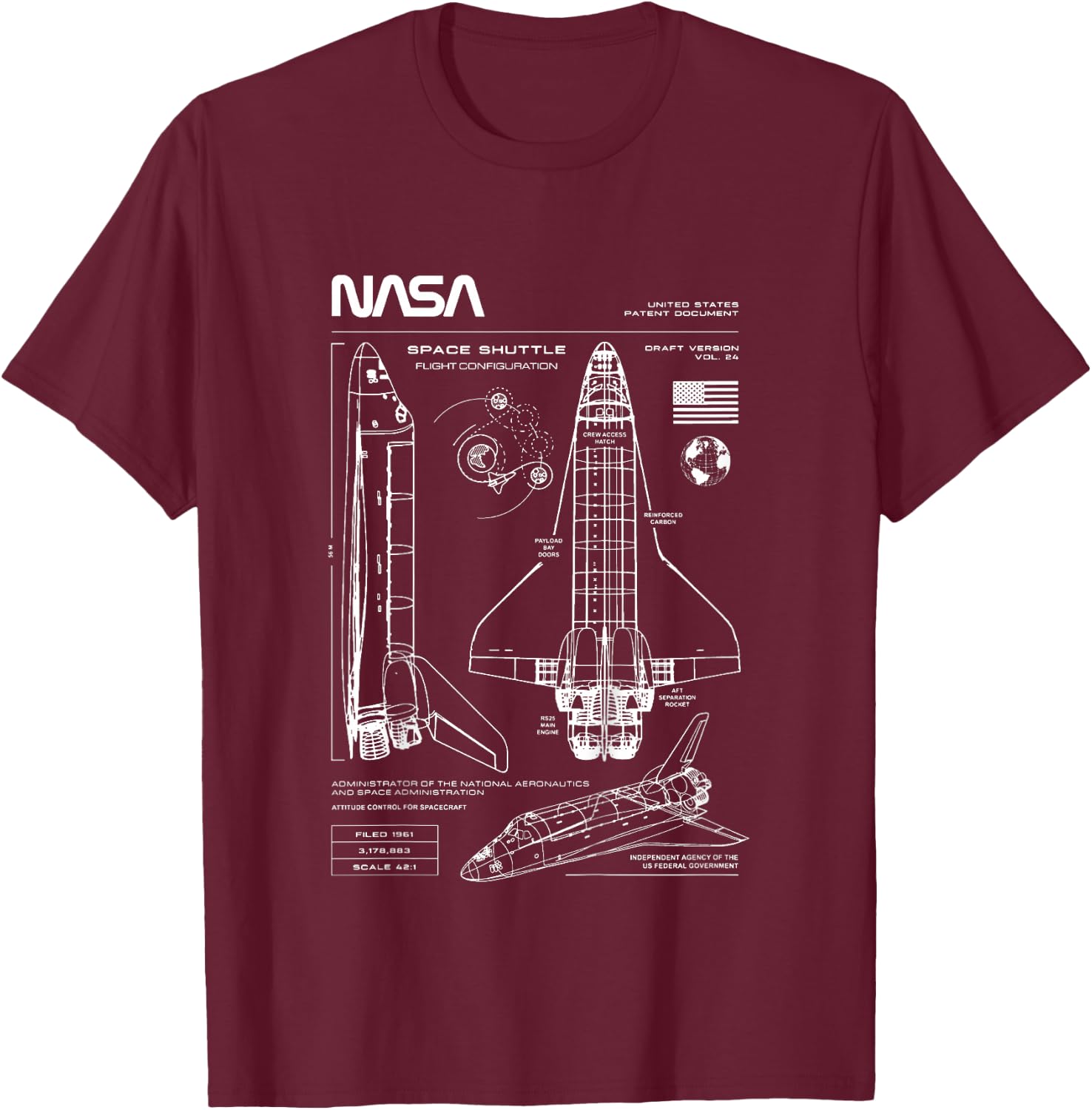 NASA Space Shuttle Technical Blueprint Kids T-Shirt - T-Shirt | Maroon