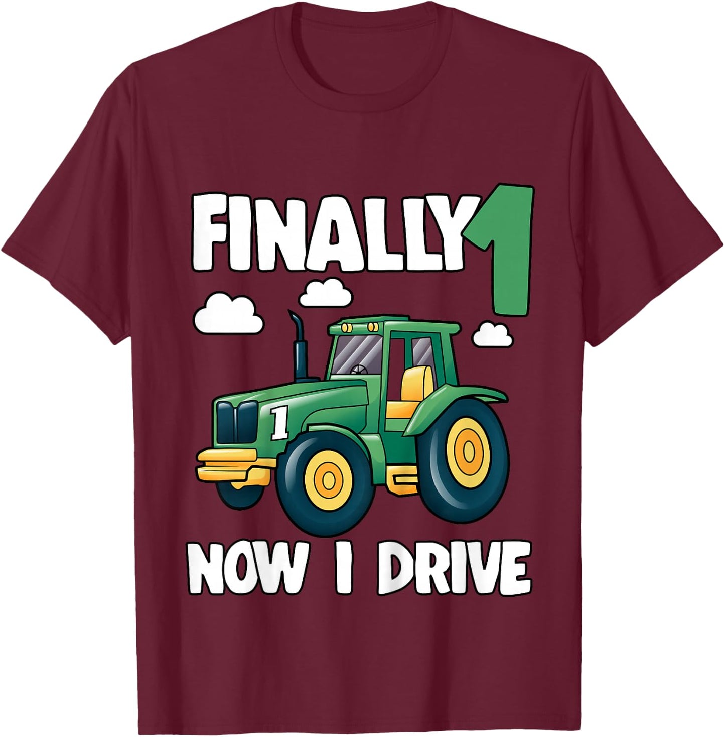 Kids Finally 1 Now I Drive 1st Birthday Party Boy Tractor Kids T-Shirt - T-Shirt | Maroon