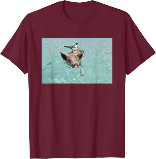 Funny Swimming Pig in Ocean Pigs Bahamas Exumas Vintage T-Shirt - T-Shirt | Maroon