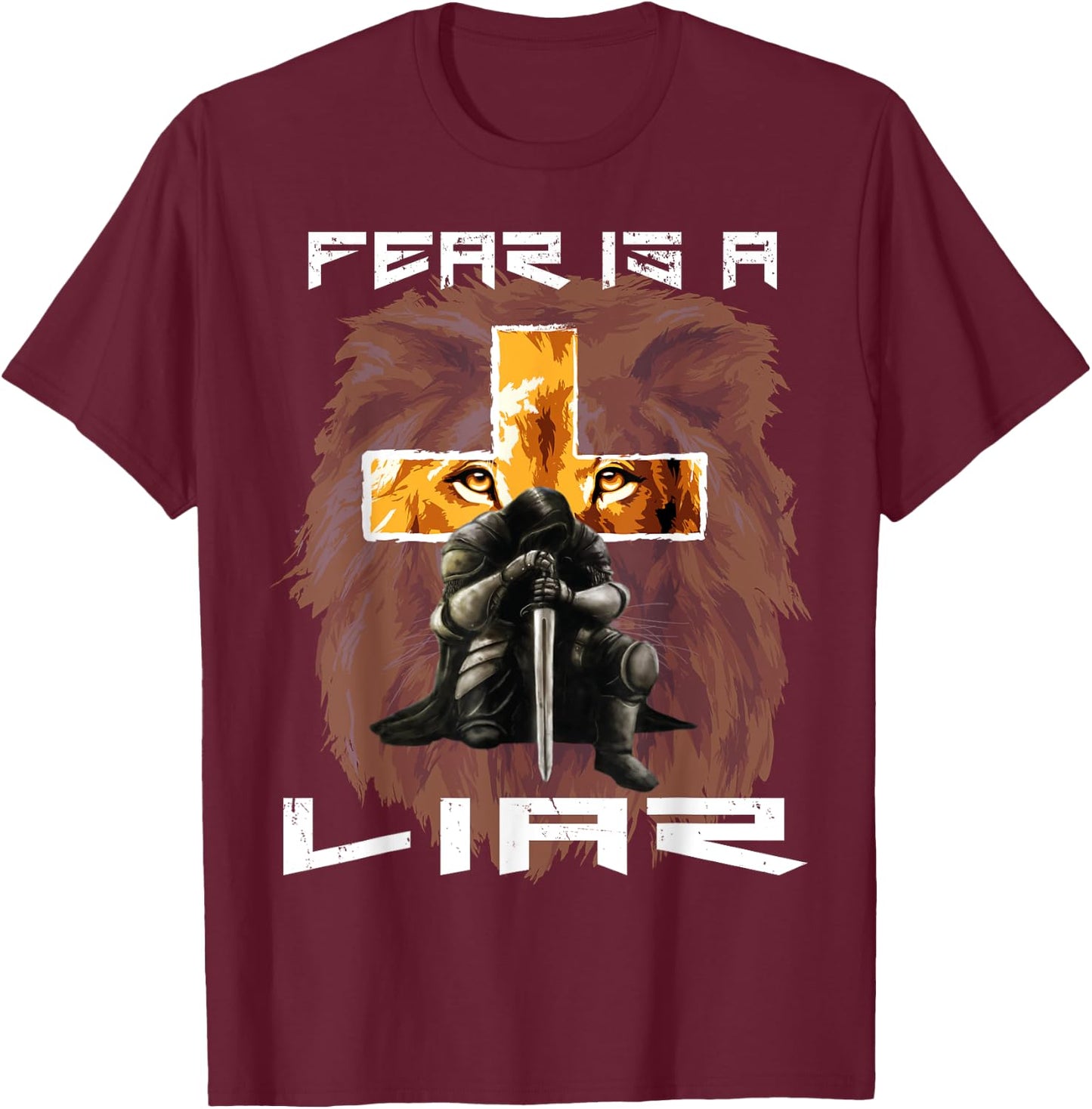 Fear Is a Liar Lion Judah Christian Religious Cross Graphic T-Shirt - T-Shirt | Maroon