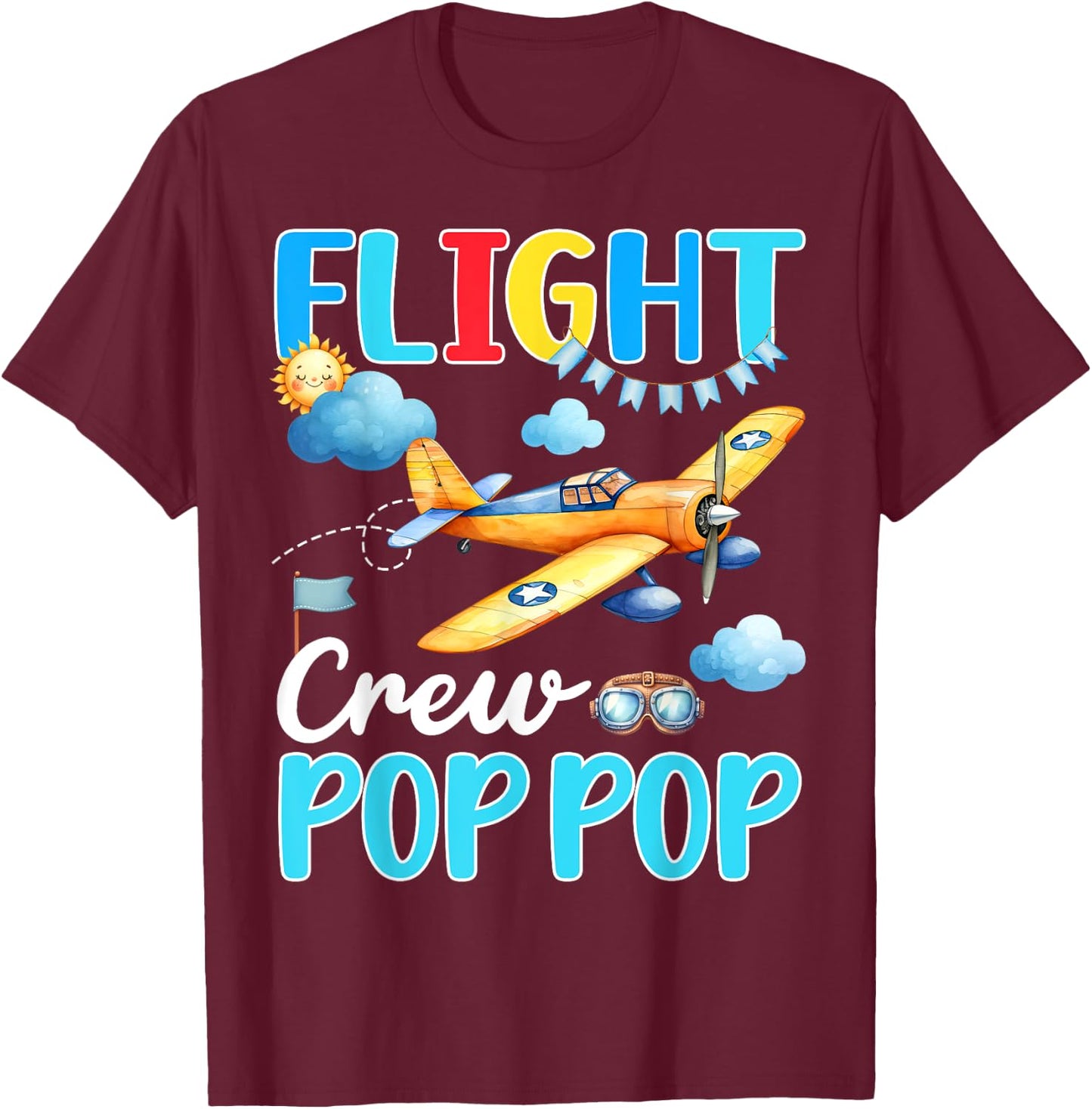 Flight Crew Pop Pop Birthday Squad Airplane Matching Family T-Shirt - T-Shirt | Maroon