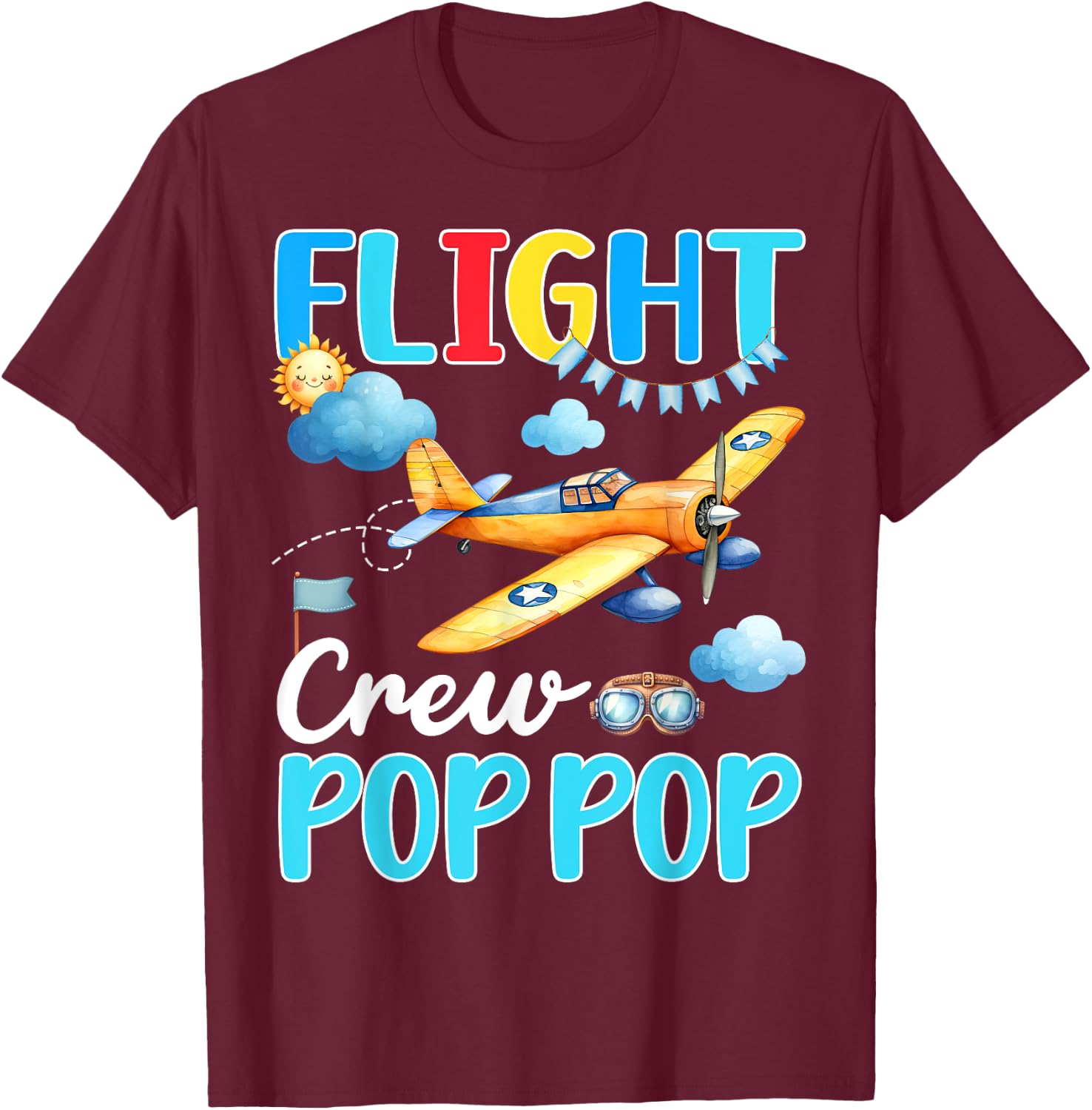 Flight Crew Pop Pop Birthday Squad Airplane Matching Family T-Shirt - T-Shirt | Maroon