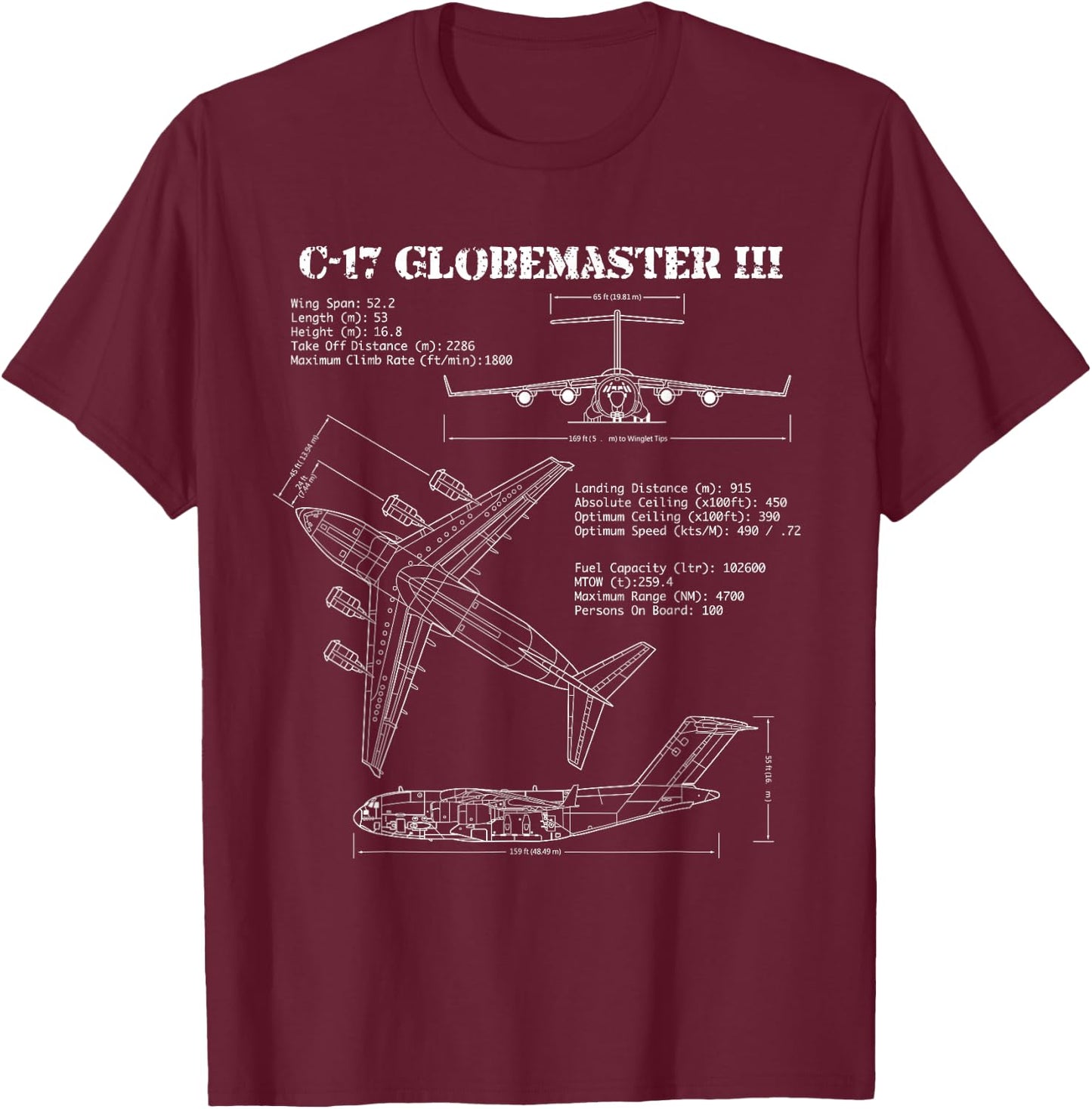 USAF Globemaster III C17 Blueprint transport T-Shirt - T-Shirt | Maroon