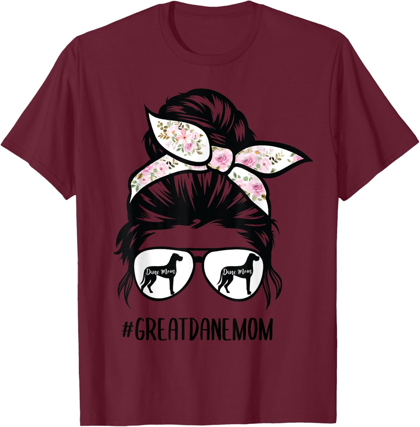 Great Dane Mom messy bun hair glasses T-Shirt - T-Shirt | Maroon