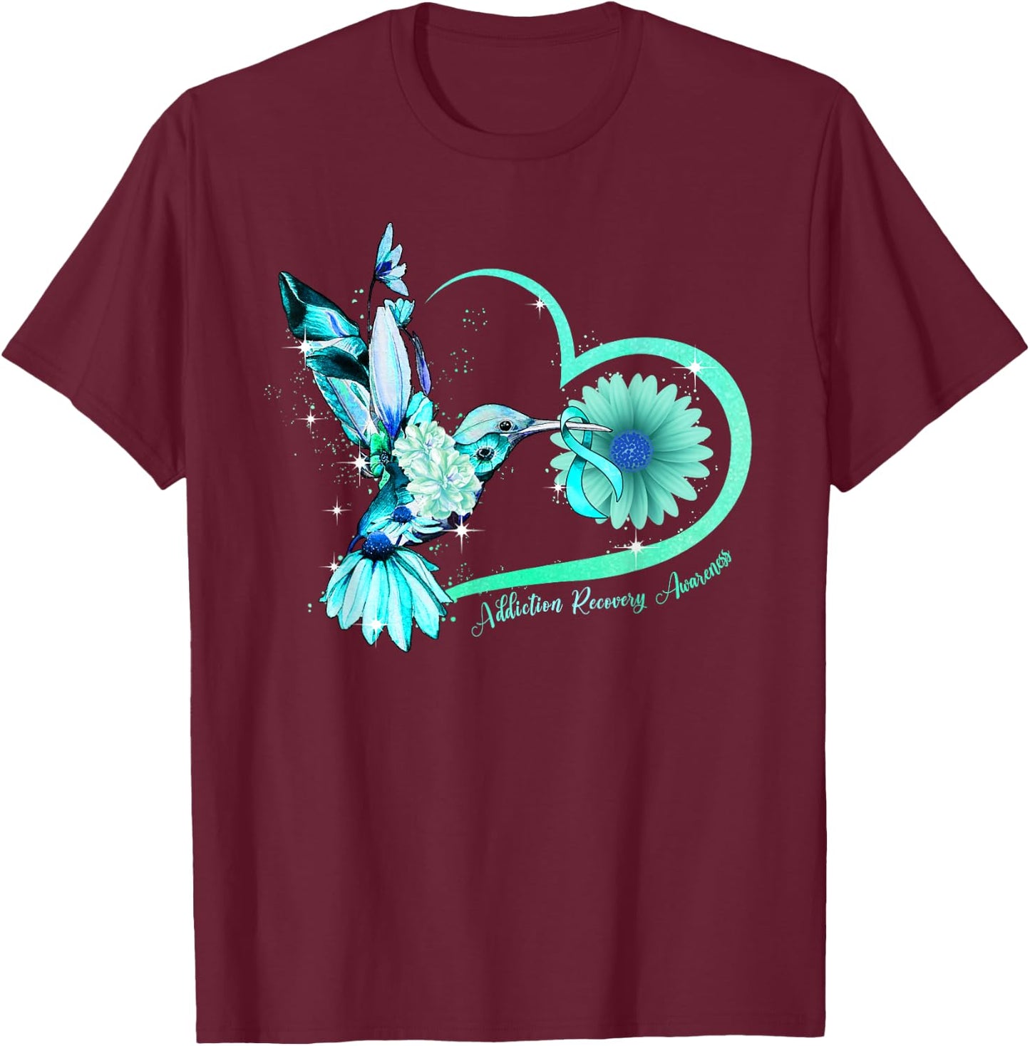 Hummingbird Sunflower Heart Teal Ribbon Addiction Recovery T-Shirt - T-Shirt | Maroon
