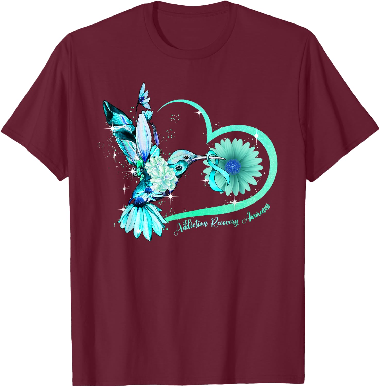 Hummingbird Sunflower Heart Teal Ribbon Addiction Recovery T-Shirt - T-Shirt | Maroon