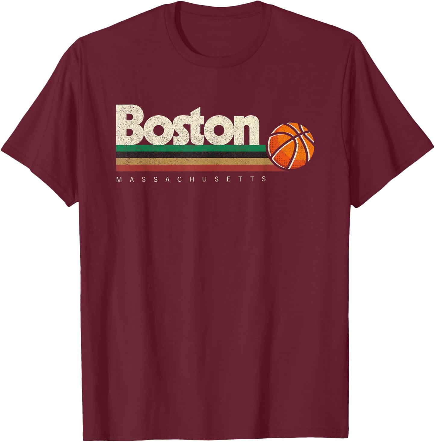Vintage Basketball Boston City B-Ball Retro Stripes T-Shirt - T-Shirt | Maroon