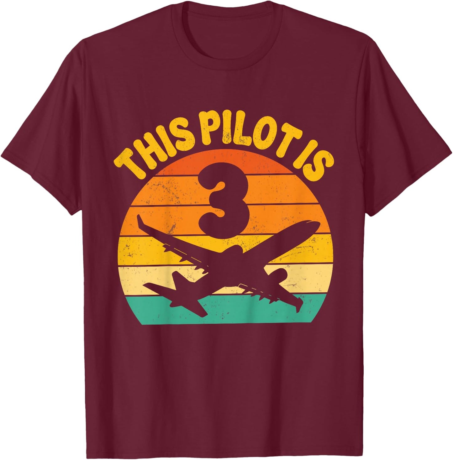 Retro This Pilot Is 3 Airplane Aviation Kids 3rd Birthday T-Shirt - T-Shirt | Maroon