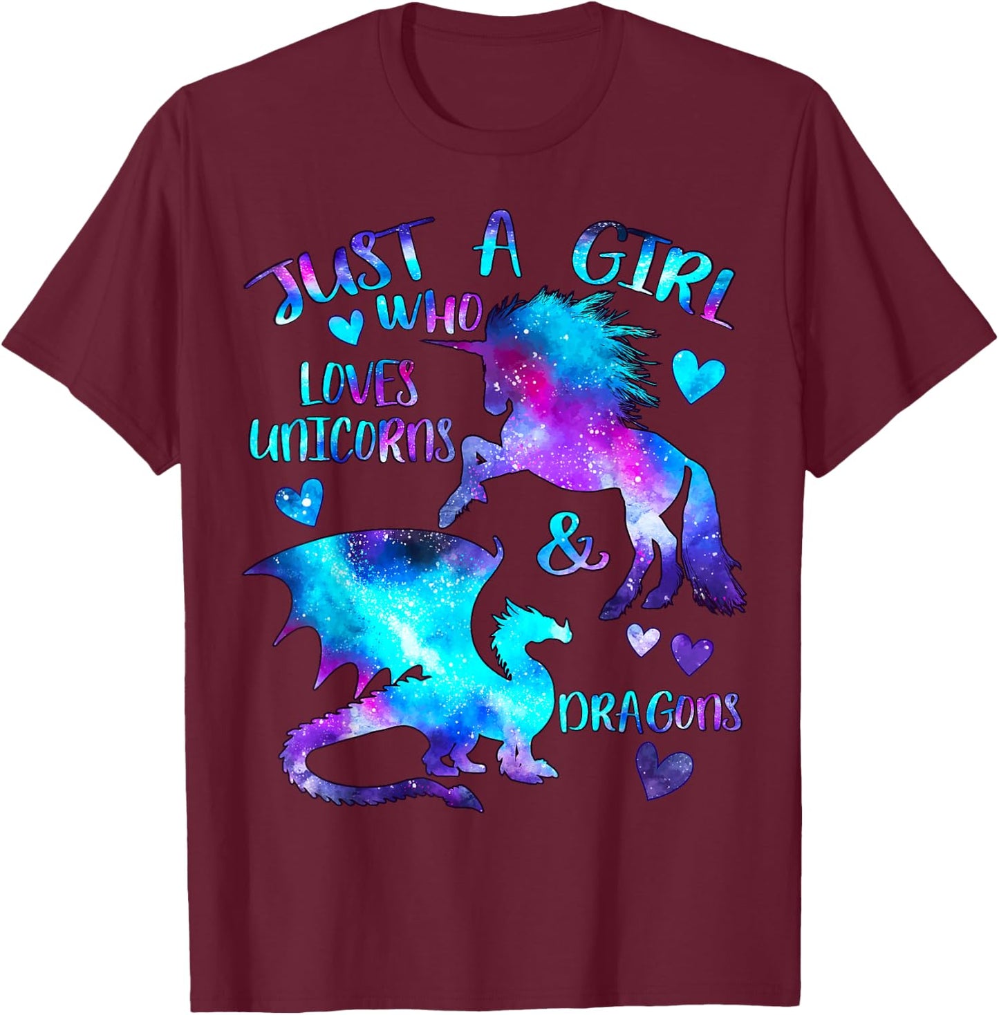 Just a Girl Who Loves Dragons and Unicorns Fantasy Themed T-Shirt - T-Shirt | Maroon