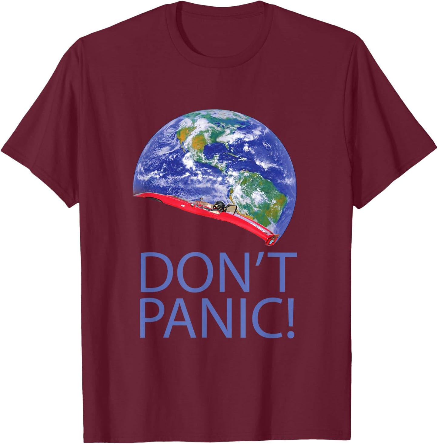 Don't Panic Red Electric Car and Starman Into Space T-Shirt - T-Shirt | Maroon