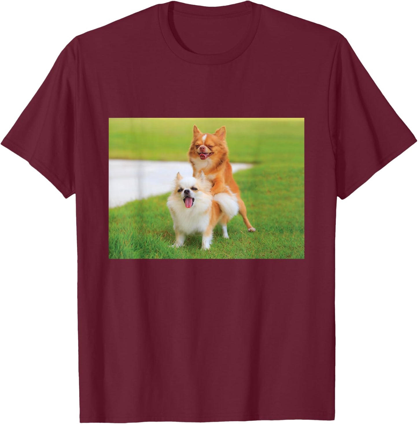 Fun Two Dogs Humping Chihuahua Pet Owner Humor Dog Lover T-Shirt - T-Shirt | Maroon