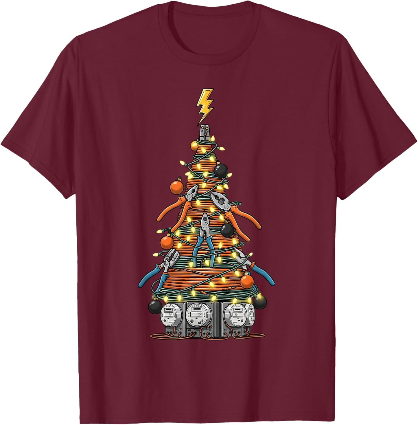 Funny Electrician Christmas Tree Xmas Graphic Men Women T-Shirt - T-Shirt | Maroon