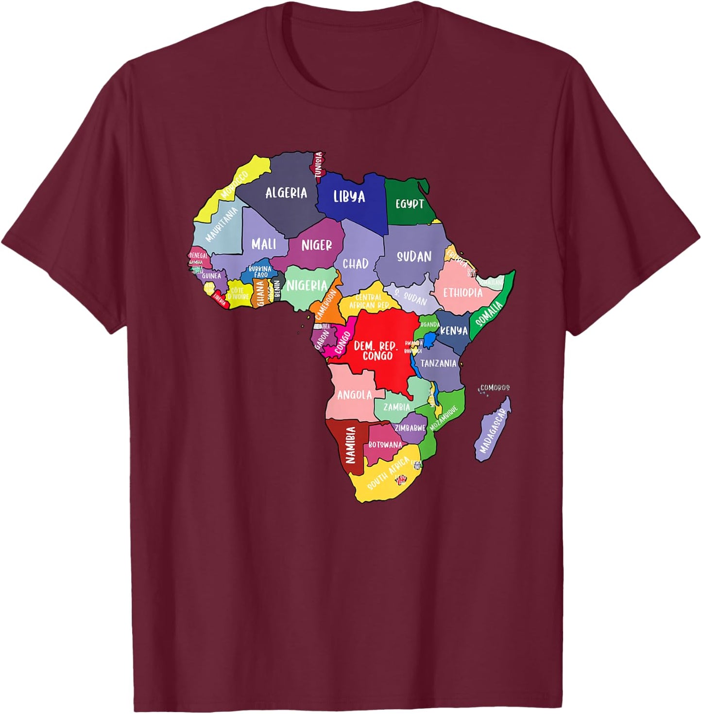 Colourful Africa Map with Country Names, African Continent T-Shirt - T-Shirt | Maroon