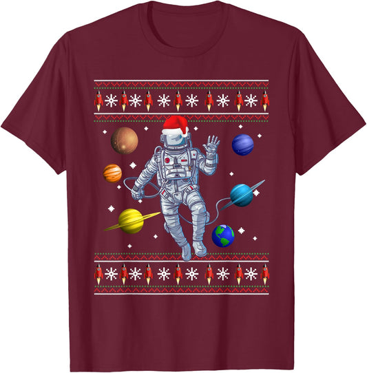 Astronaut Space Planets Lover Ugly Christmas Sweater Style T-Shirt - T-Shirt | Maroon