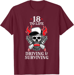 18 to Life Trucker T Shirt | Skull Flames Truck Driver Shirt T-Shirt - T-Shirt | Maroon