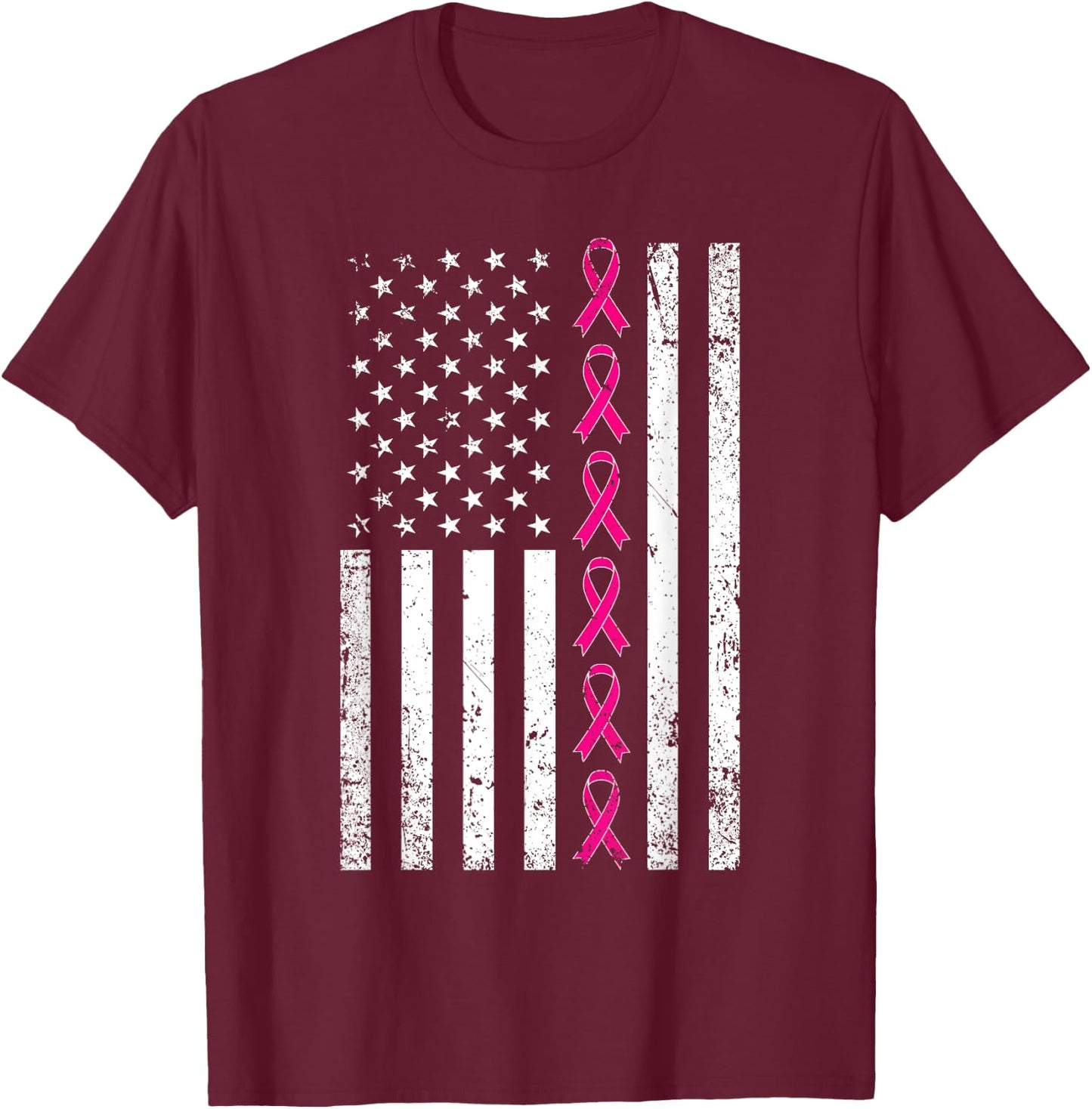Breast Cancer Shirt Women Men USA Flag Pink Ribbon T-Shirt - T-Shirt | Maroon