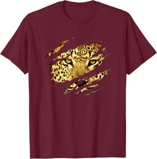 Leopard - Torn Design Picture Of A Leopard's Face T-Shirt - T-Shirt | Maroon