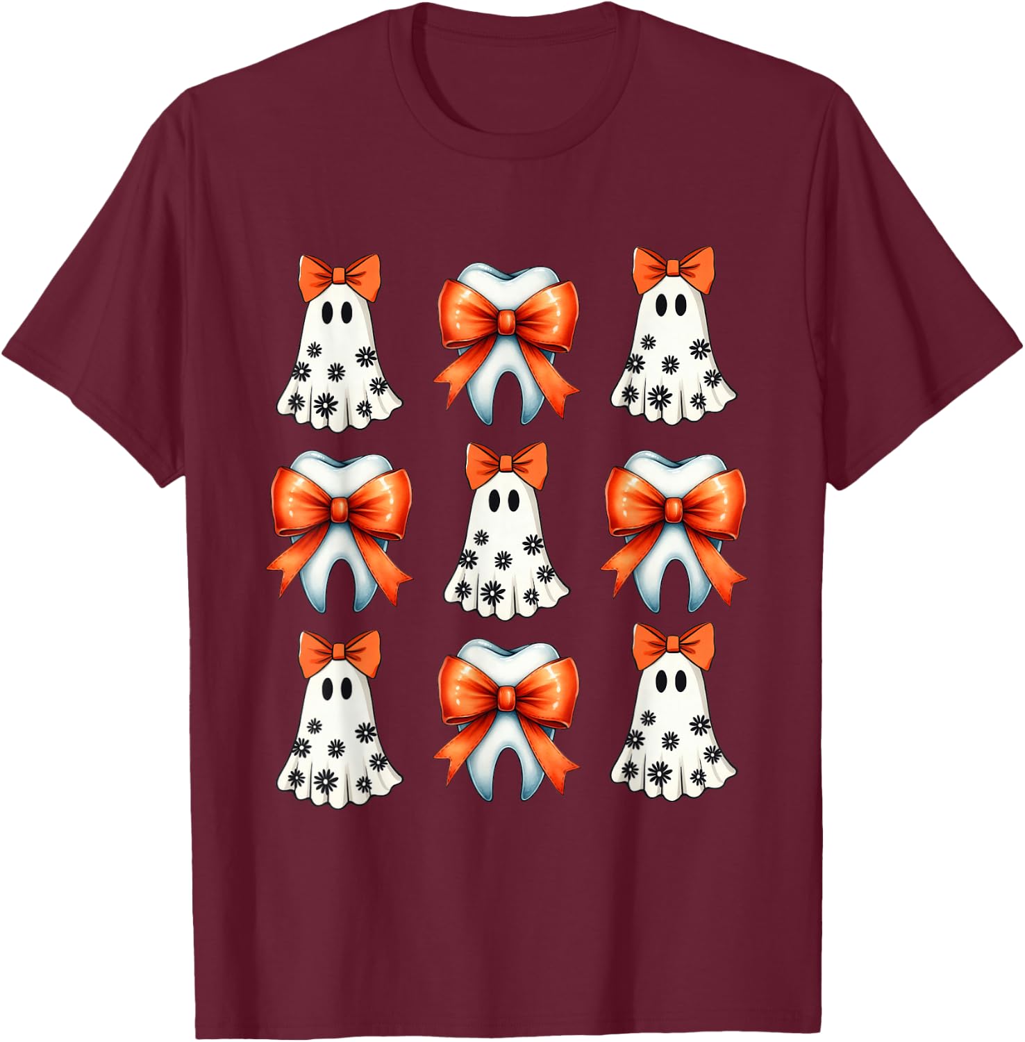 Coquette Tooth Ghost Groovy Retro Halloween Cute Dentist T-Shirt - T-Shirt | Maroon