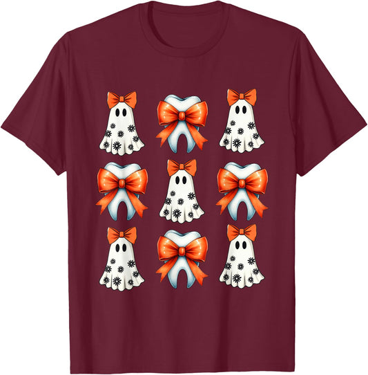 Coquette Tooth Ghost Groovy Retro Halloween Cute Dentist T-Shirt - T-Shirt | Maroon