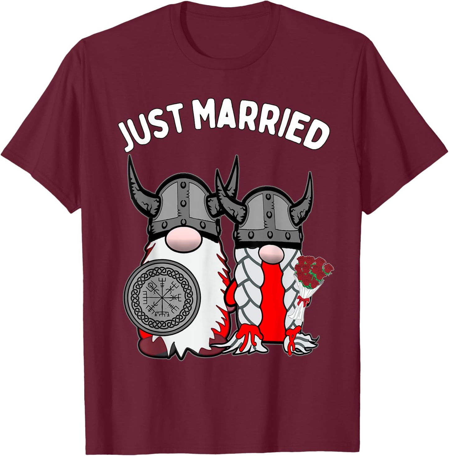 Just Married Nordic Gnome Viking Tomte Couple Wedding T-Shirt - T-Shirt | Maroon
