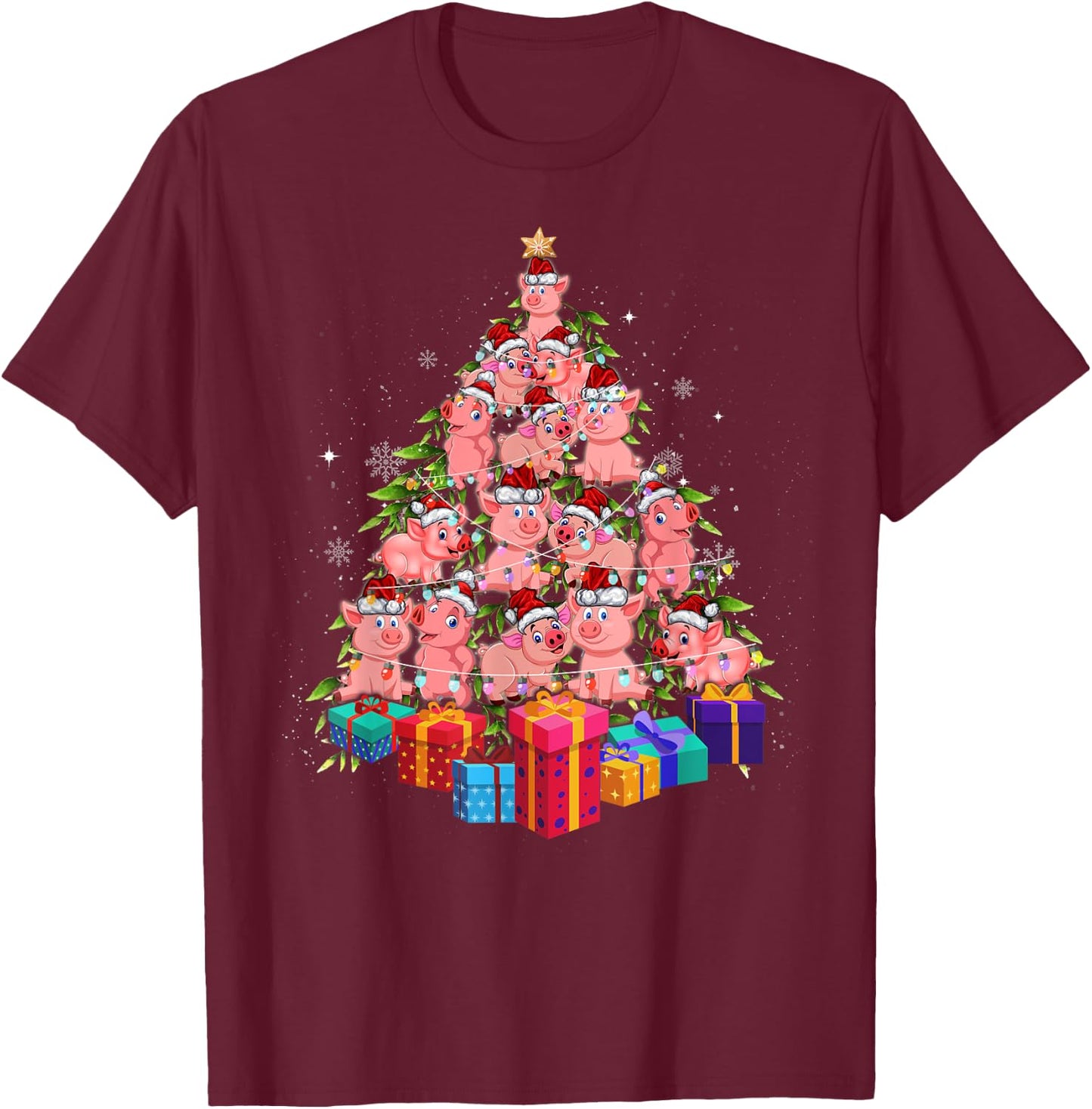 Funny Farmer Christmas Tree Pig Family Xmas Pajamas Matching T-Shirt - T-Shirt | Maroon