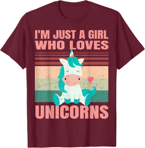 I'm Just A Girl Who Loves Unicorns - Cute Retro Girlie - For T-Shirt - T-Shirt | Maroon