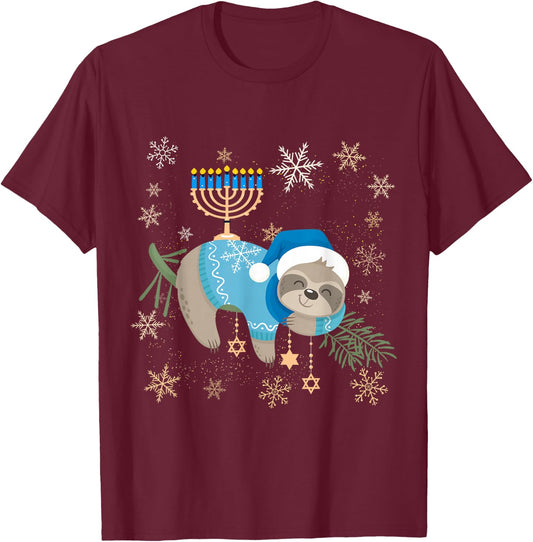 Funny Hanukkah Sloth Jewish Chanukah Sleeping Men Women Kids T-Shirt - T-Shirt | Maroon