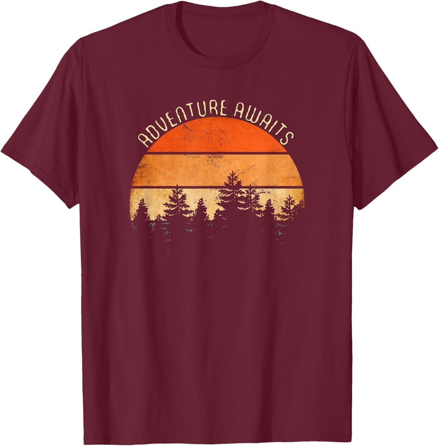 Adventure Awaits, Retro Hiking T-Shirt - T-Shirt | Maroon
