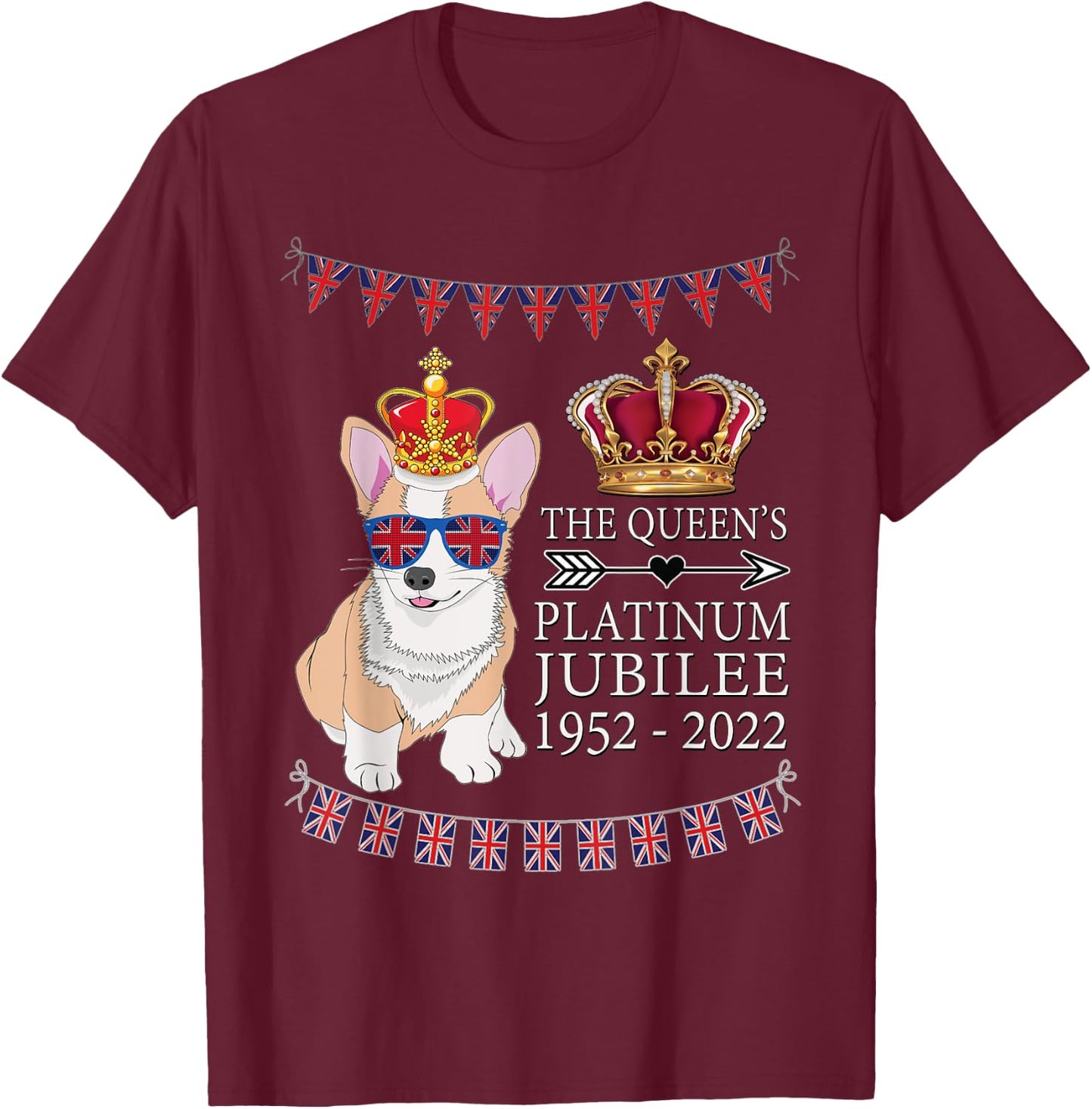 British Queen Platinum Jubilee Souvenir Union Jack Corgi T-Shirt - T-Shirt | Maroon