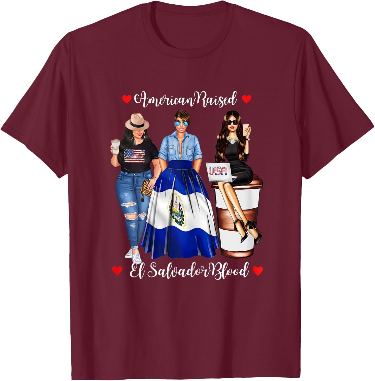 American Raised El Salvador Blood USA Flag San Salvadorian T-Shirt - T-Shirt | Maroon