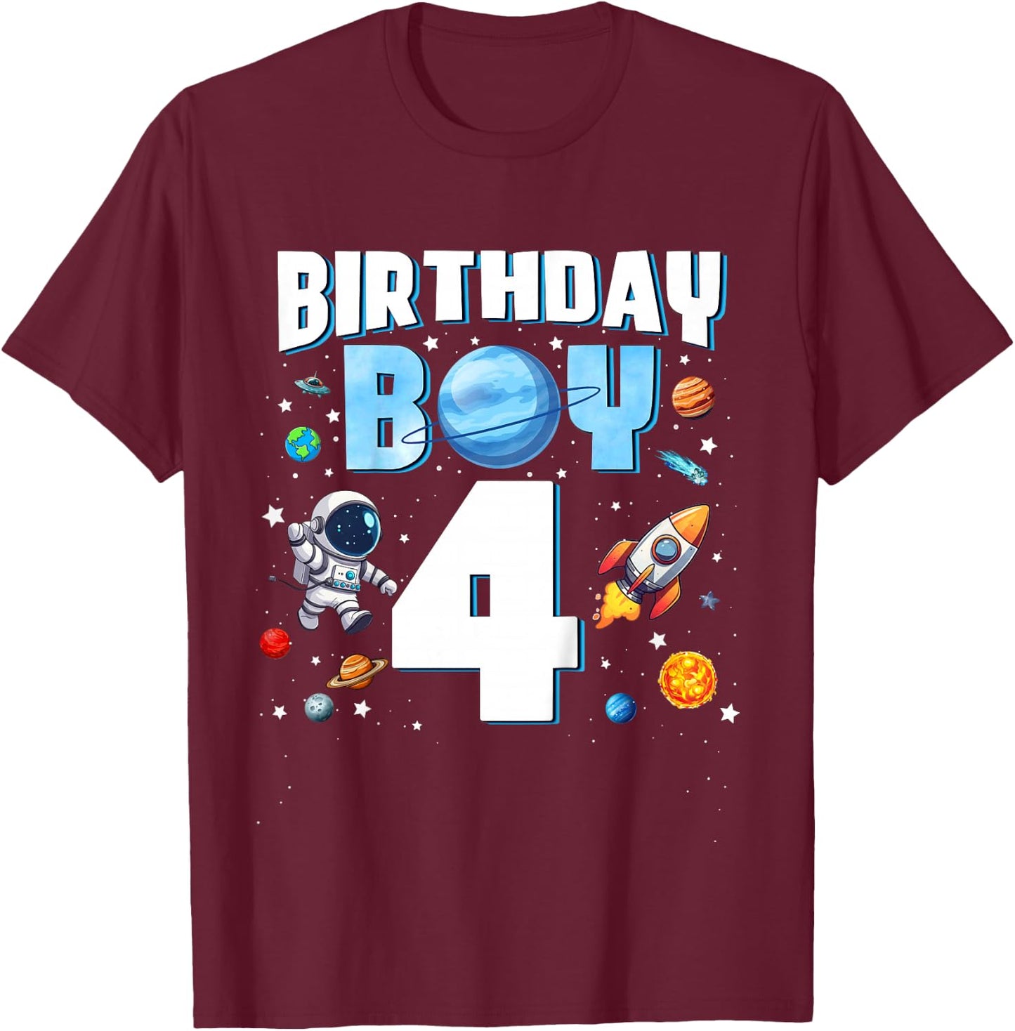 Kids 4 Year Old Astronaut Birthday Boy Outer Space 4th Birthday T-Shirt - T-Shirt | Maroon