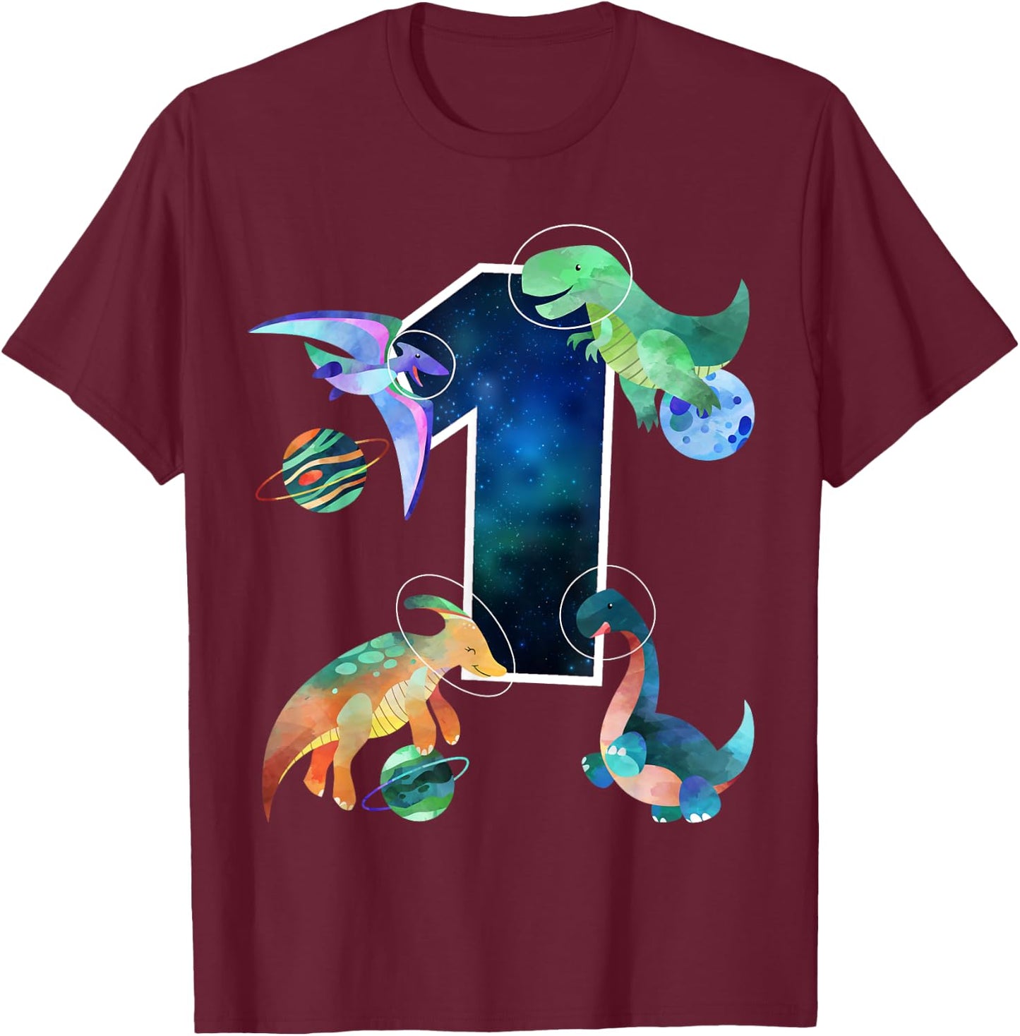 Kids Astronaut Outer Space Dinosaurs 1st Birthday Boy Gift T-Shirt - T-Shirt | Maroon