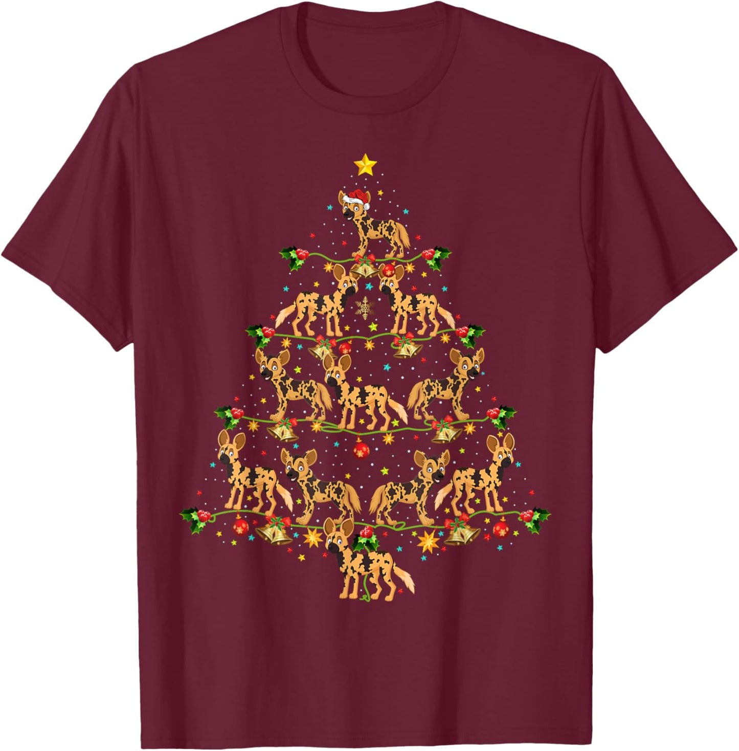 African Wild Dog Xmas Tree Gift African Wild Christmas Men Women Kids T-Shirt - T-Shirt | Maroon