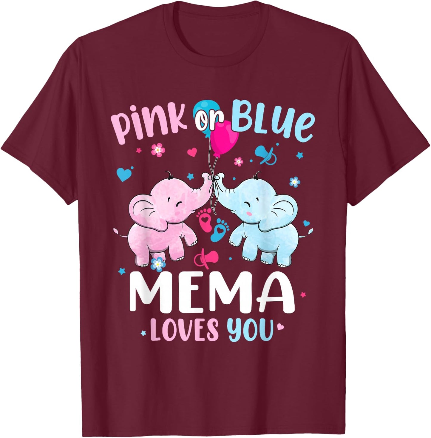 Pink or Blue Mema Loves You Gender Reveal Elephant Grandma T-Shirt - T-Shirt | Maroon