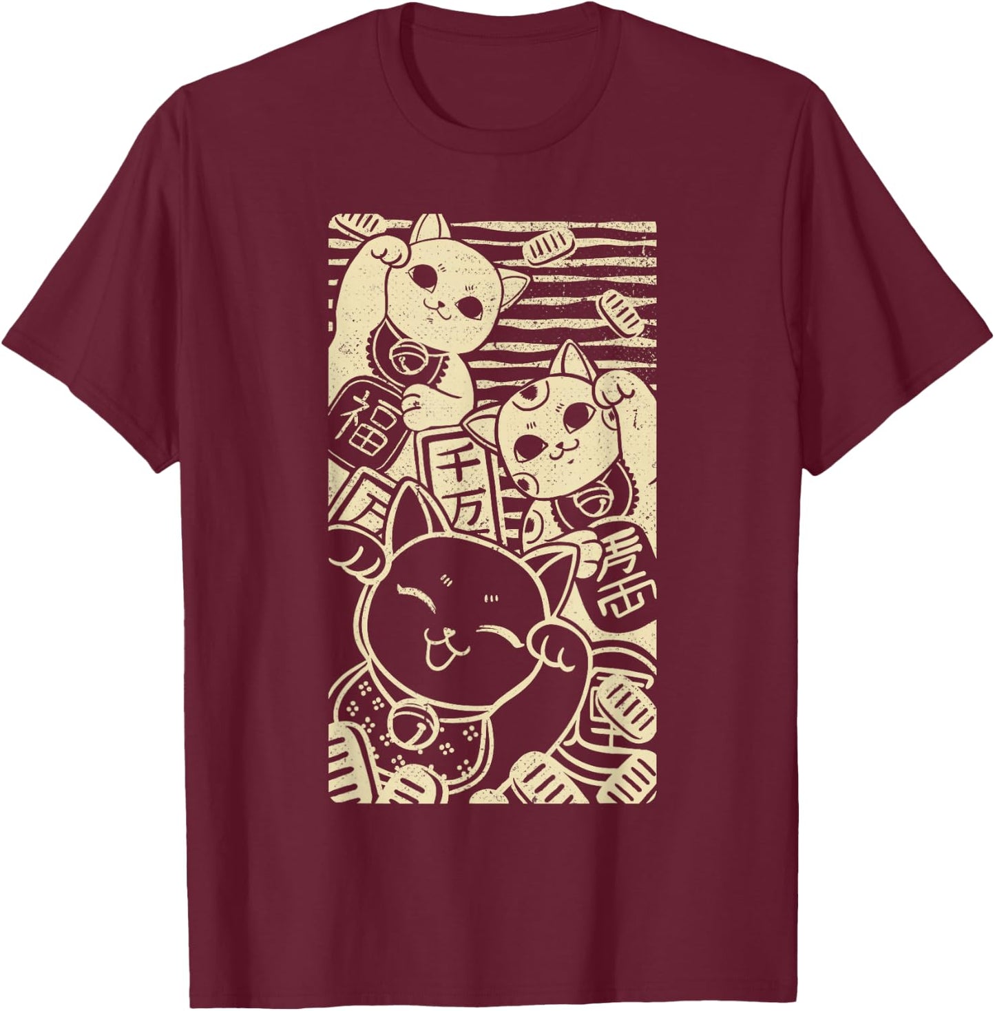 Maneki nekos - Lucky Cats Japanese Style Design T-Shirt - T-Shirt | Maroon