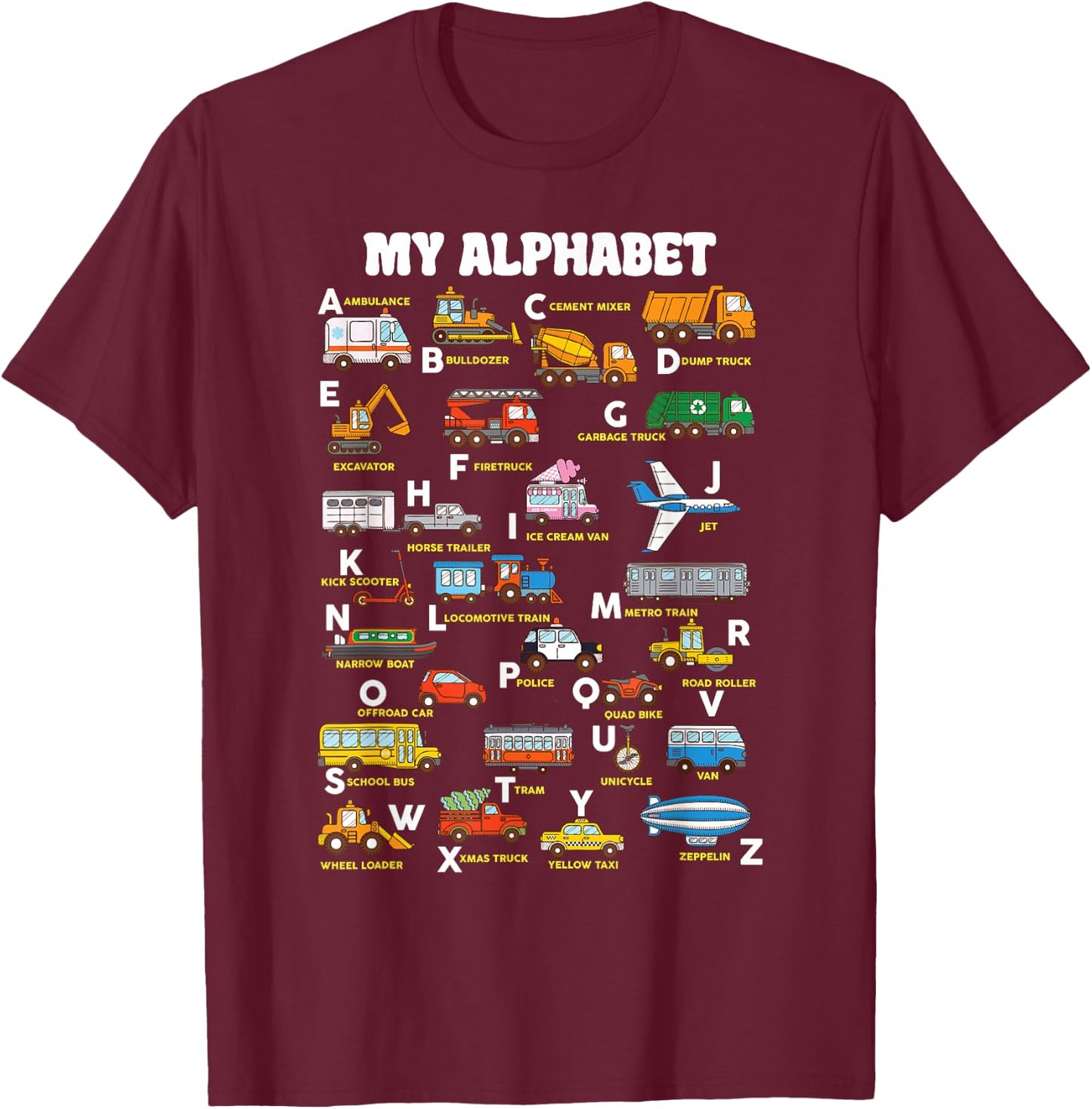 Alphabet Transport Learning ABC Car Bus Truck Educational T-Shirt - T-Shirt | Maroon