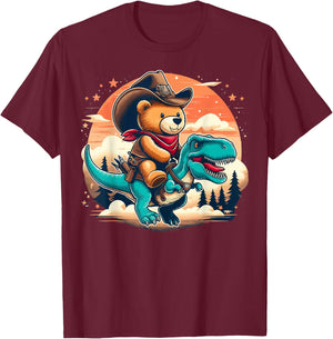 Teddy Bear Cowboy Riding Baby T-Rex Dinosaur Funny Western T-Shirt - T-Shirt | Maroon