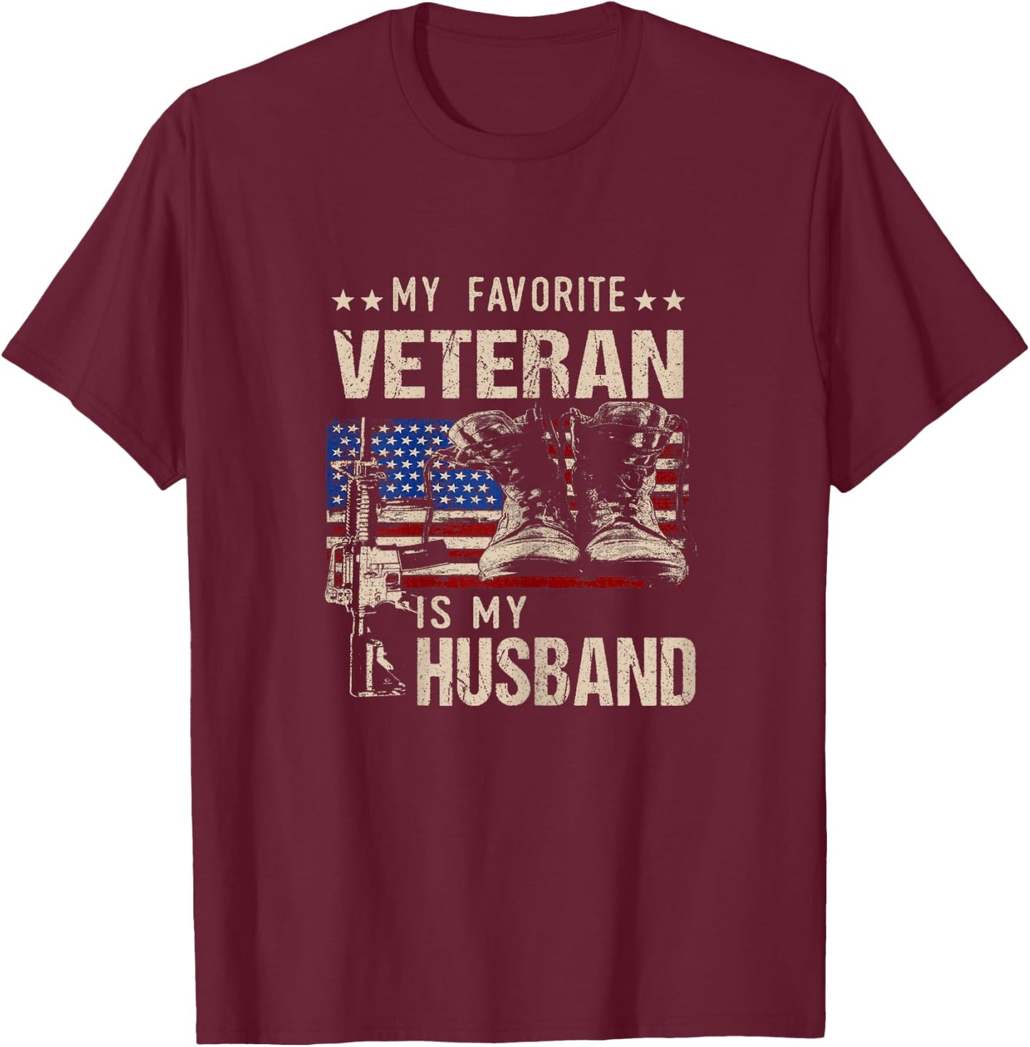 Veterans Wives Shirts My Favorite Veteran is My Husband T-Shirt - T-Shirt | Maroon