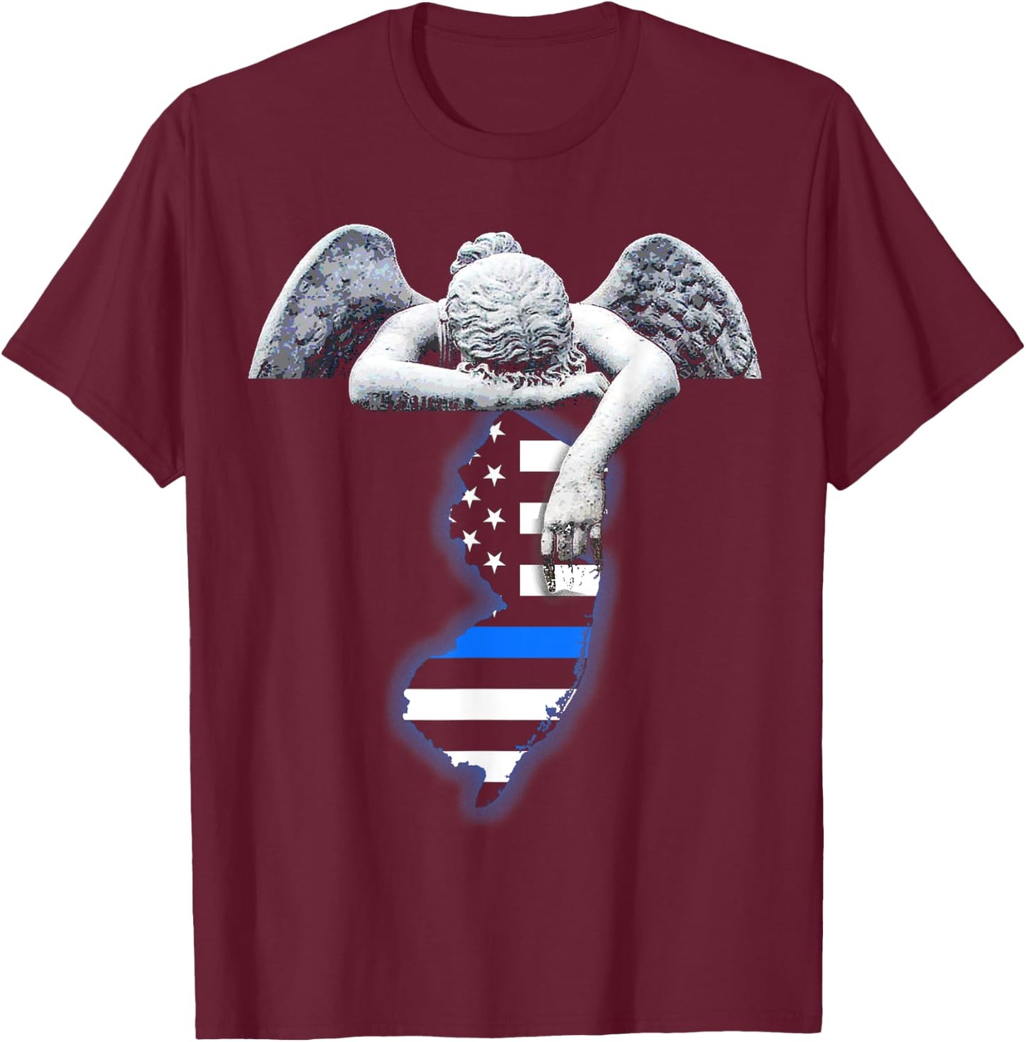 New Jersey Thin Blue Line Flag and Angel for Law Enforcement T-Shirt - T-Shirt | Maroon