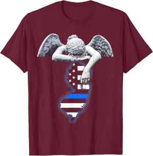 New Jersey Thin Blue Line Flag and Angel for Law Enforcement T-Shirt - T-Shirt | Maroon