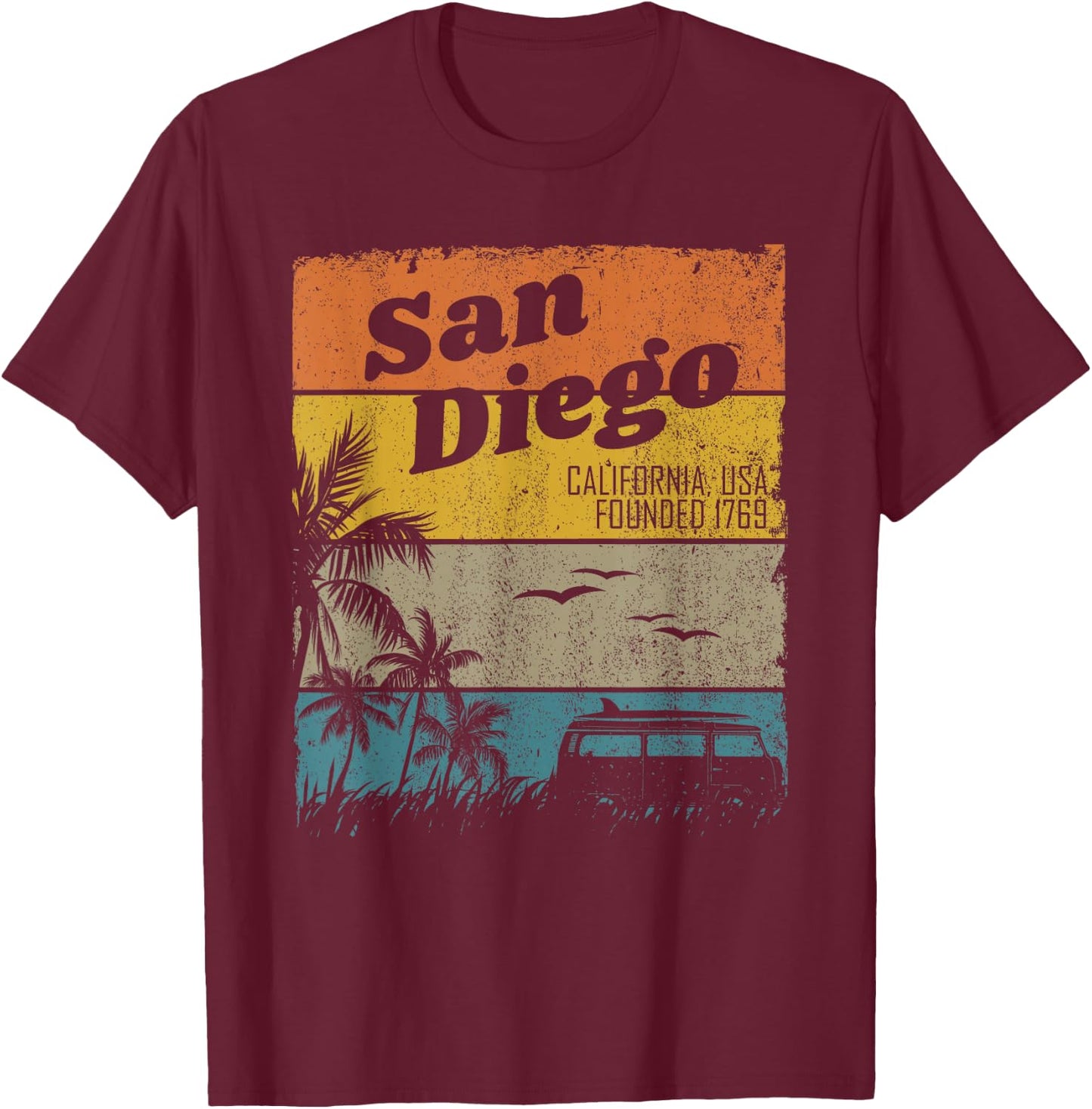 San Diego Vintage California Beach Surfing Retro San Diego T-Shirt - T-Shirt | Maroon