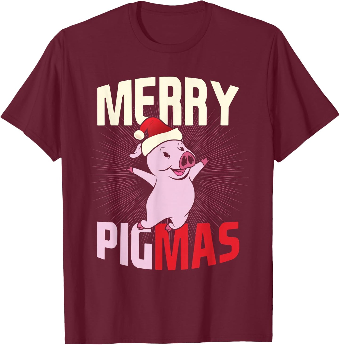 Pigmas Happy Pig Santa Hat Merry Christmas T-Shirt - T-Shirt | Maroon