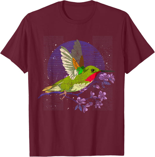 Floral Animal Bird Beautiful Flowers Vintage Hummingbird T-Shirt - T-Shirt | Maroon