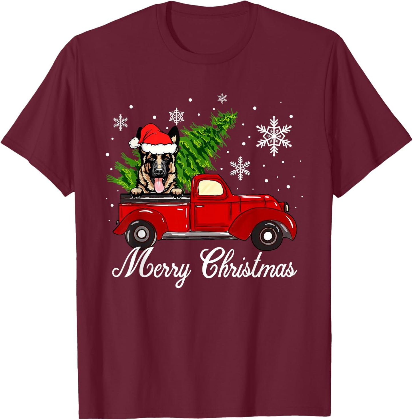 German Shepherd Dog Riding Red Truck Christmas Decorations T-Shirt - T-Shirt | Maroon