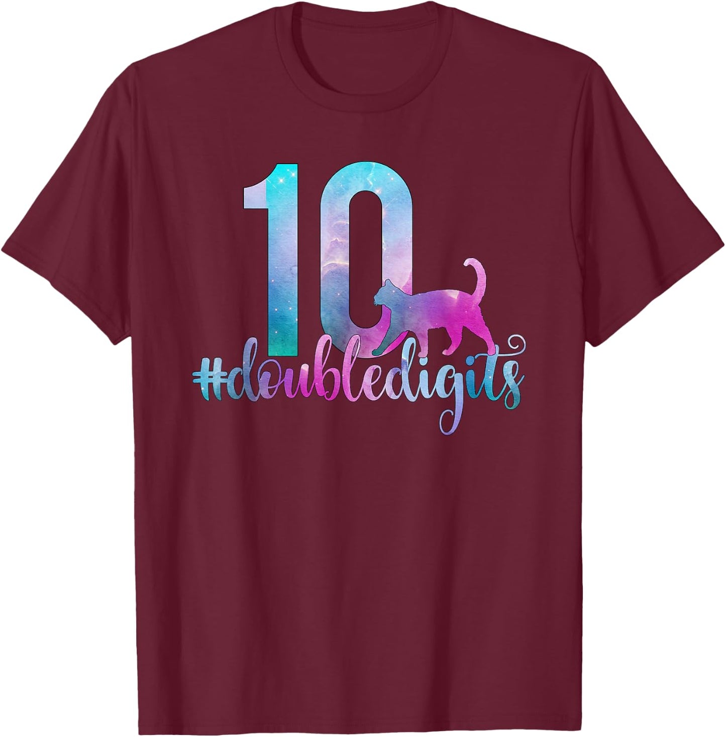 10th Birthday Girl Double Digits Girls Ten 10 Galaxy Cat T-Shirt - T-Shirt | Maroon