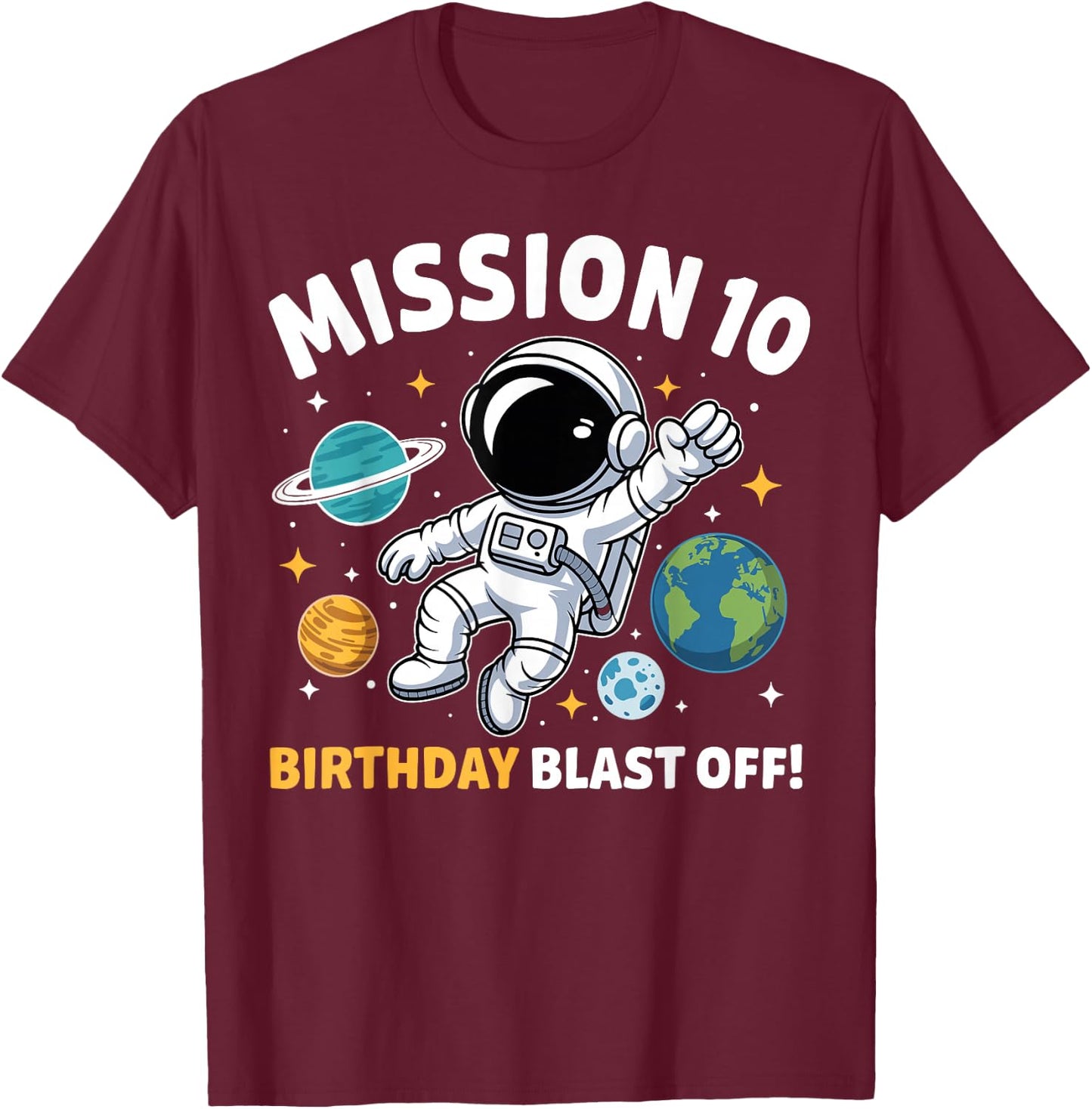 10th Birthday Astronaut Space Rocket Ten Years Old Boys T-Shirt - T-Shirt | Maroon