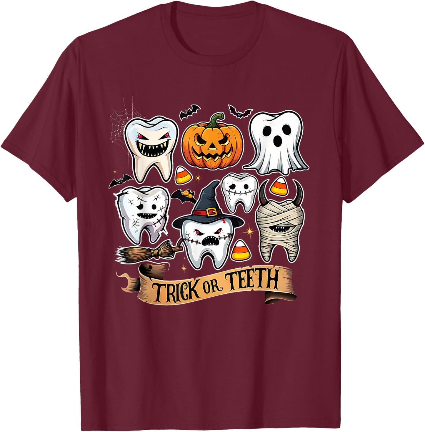 Trick or Teeth Funny Halloween Dentist Tooth Design T-Shirt - T-Shirt | Maroon